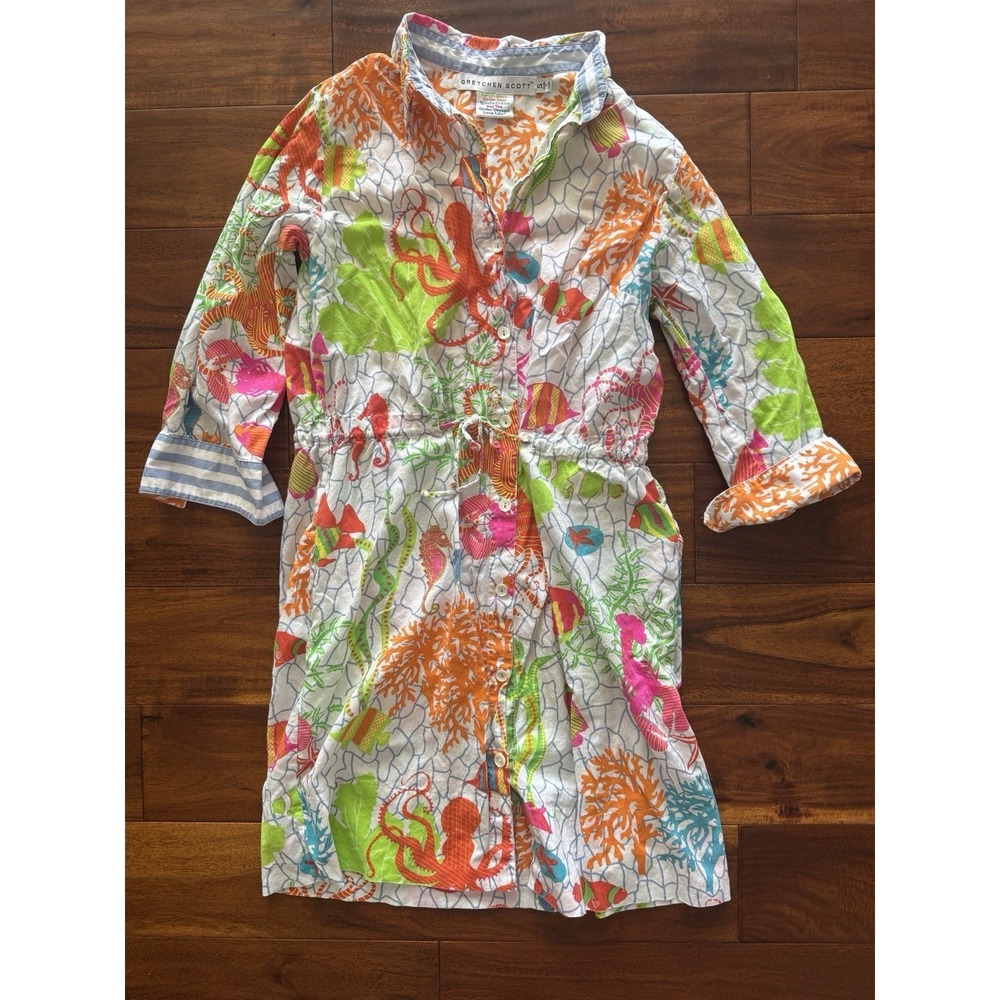 Gretchen Scott Women's Shirt Dress Octopus Coral Print Drawstring Waist Size S